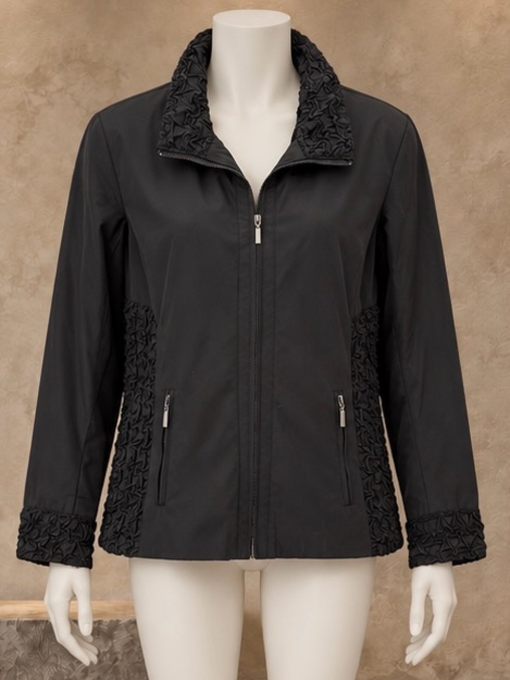 Vintage Y2K Zoe D Black Ruched Textured Zip Jacket Medium